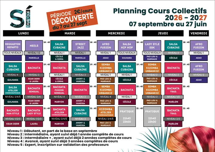 Grille colorée du planning des cours collectifs 2026-2027 de Dime Que Sí, du lundi au vendredi, avec un bandeau orange période découverte à 2 € le cours.