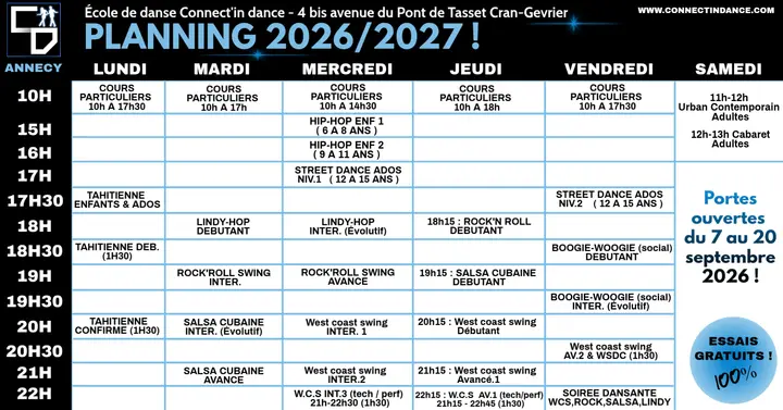 Planning 2026-2027 de Connect'in Dance sur fond noir : grille des cours jour par jour, avec la mention Portes ouvertes du 7 au 20 septembre 2026 et essais gratuits.
