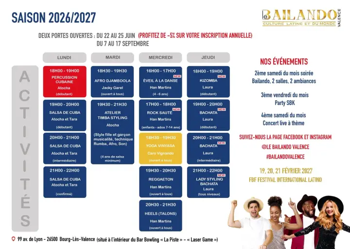 Planning bleu et blanc de la saison 2026/2027 du Bailando, avec la grille des cours du lundi au jeudi, les événements de l'école et quatre danseurs souriants.