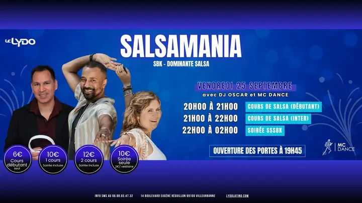 Bannière bleue Salsamania, SBK dominante salsa, avec trois danseurs souriants, les horaires des cours du vendredi 25 septembre et quatre pastilles de tarifs.