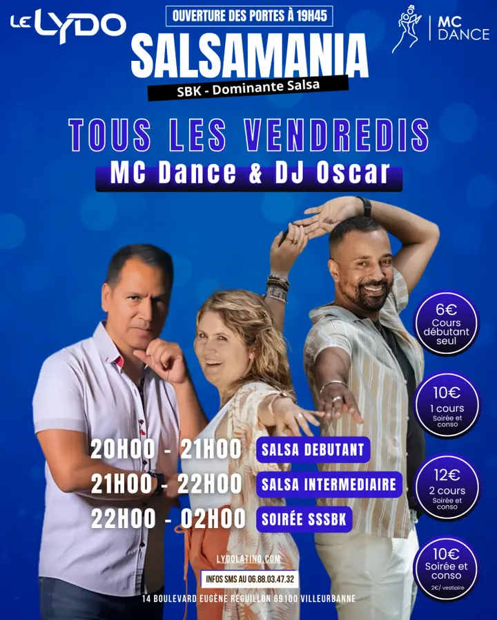 Affiche bleue de Salsamania au Lydo, trois danseurs souriants, horaires des cours et pastilles de tarifs 6, 10 et 12 €.