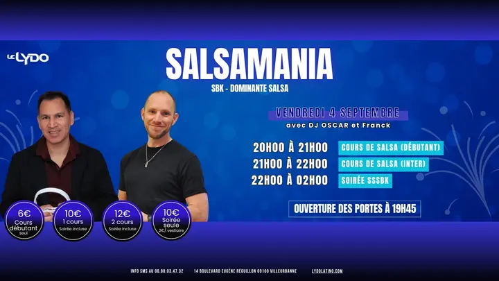 Affiche bleue de Salsamania au Lydo, deux animateurs souriants, grille horaire des cours de salsa et pastilles de tarifs de 6 à 12 €.
