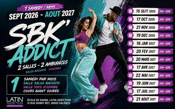 Affiche turquoise et violette SBK'ADDICT montrant un couple de danseurs et la liste des douze dates de la saison 2026-2027, de 21h à 2h.