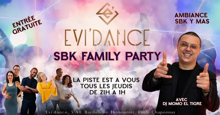 Affiche colorée aux tons pastel de la SBK Family Party d'Evi'Dance, avec un groupe de danseurs à gauche, DJ Momo El Tigre à droite et la mention « entrée gratuite, tous les…