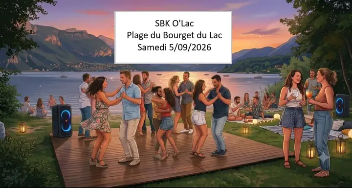 Illustration au coucher du soleil : des couples dansent sur un plancher de bois au bord du lac du Bourget, enceintes et lampions autour.