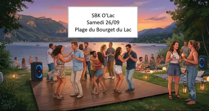 Illustration de couples dansant sur un plancher en bois au bord d'un lac au coucher du soleil, avec l'encadré « SBK O'Lac, samedi 26/09, Plage du Bourget du Lac ».