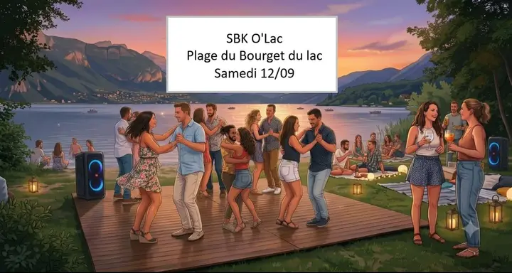 Illustration au coucher du soleil : des couples dansent sur un parquet posé au bord du lac du Bourget, enceintes et lanternes autour, avec le titre SBK O'Lac et la date du samedi…