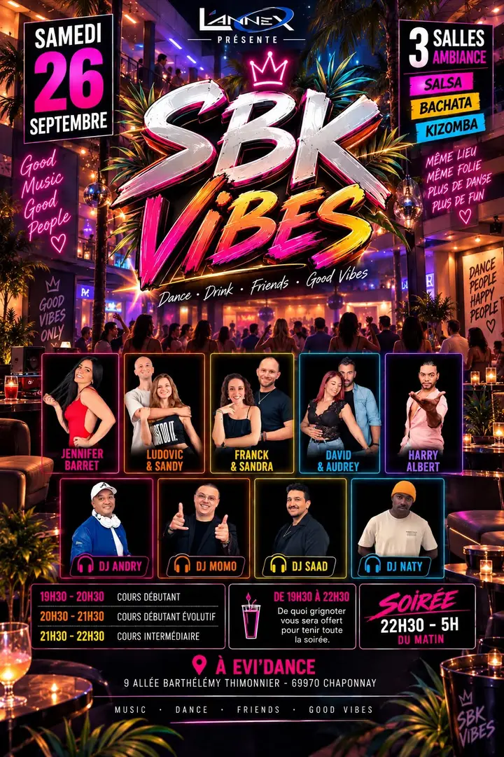 Affiche néon rose et orange « SBK Vibes » sur fond de club, avec les photos des profs et des DJ, la grille des cours et la date du samedi 26 septembre à Evi'Dance.