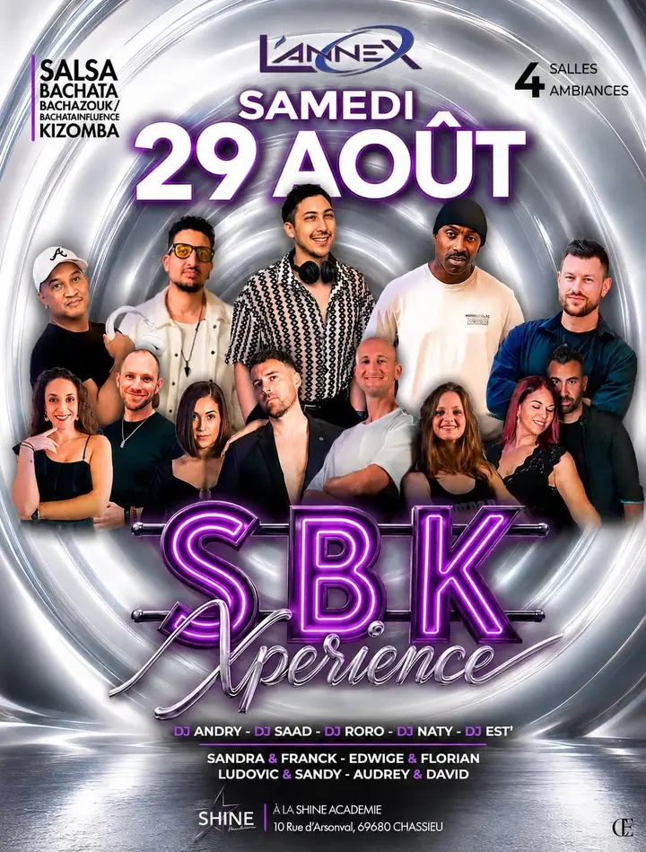 Affiche argentée et violette de la SBK Xperience du samedi 29 août, portraits des DJ et des couples de professeurs autour du logo néon, à la Shine Académie de Chassieu