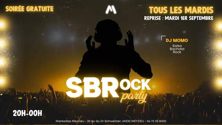 Affiche dorée montrant une foule bras levés devant un DJ casqué, annonçant la SBRock Party gratuite tous les mardis de 20h à minuit avec DJ Momo