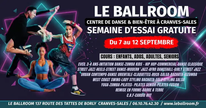 Affiche violette et turquoise du Ballroom montrant trois danseurs et la liste des cours de la semaine d'essai du 7 au 12 septembre.