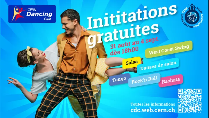 Flyer bleu du CERN Dancing Club, un couple en pleine figure de rock, annonçant les initiations gratuites du 31 août au 4 septembre dès 18h00
