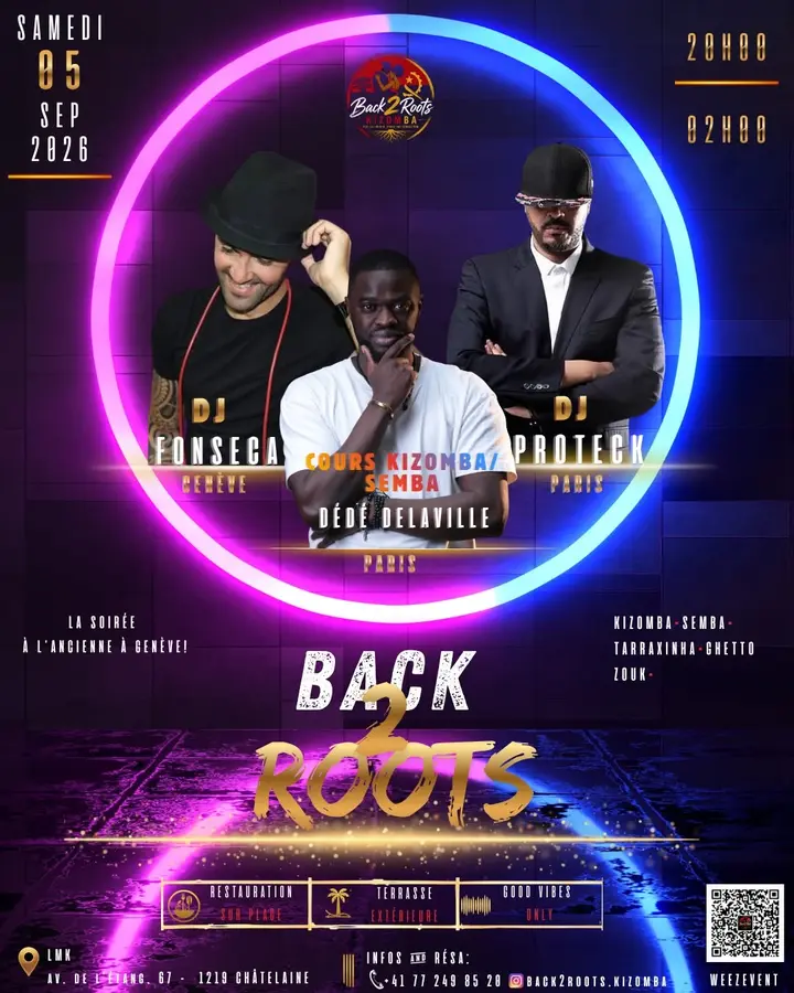 Affiche néon violet et bleu de Back 2 Roots : DJ Fonseca, Dédé Delaville et DJ Proteck en portraits dans un cercle lumineux, samedi 5 septembre au LMK.