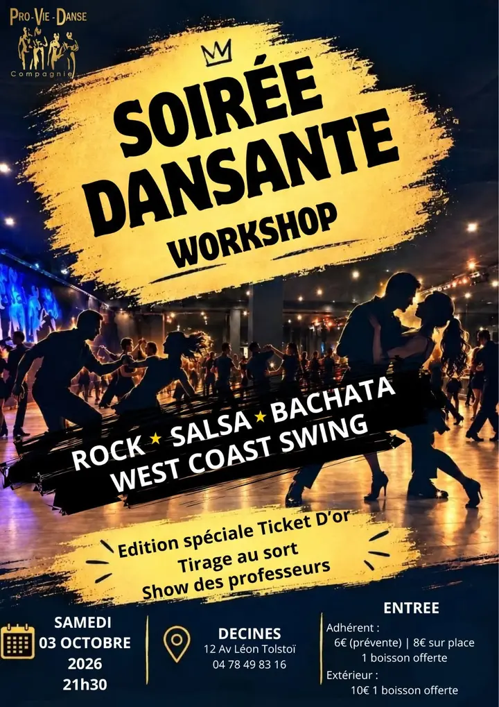 Affiche noire et or : couples dansant dans une grande salle éclairée, « Soirée dansante Workshop » en lettres noires sur une tache dorée, bandeau Rock, Salsa, Bachata, West Coast…