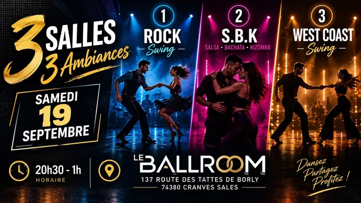 Affiche sombre en trois panneaux colorés montrant des couples de danseurs : rock swing en bleu, S.B.K en rose, west coast swing en doré, pour la soirée du samedi 19 septembre au…