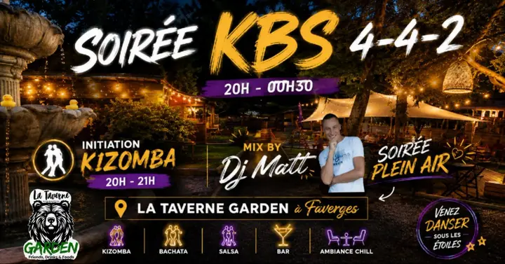 Jardin illuminé de guirlandes la nuit, titre SOIRÉE KBS 4-4-2 en lettres jaunes, portrait de DJ Matt et pictogrammes kizomba, bachata, salsa.