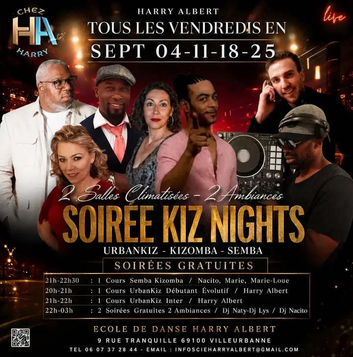 Affiche noir et or de la Soirée Kiz Nights chez Harry Albert : six danseurs et DJ en photo, la grille des cours et les vendredis 4, 11, 18 et 25 septembre