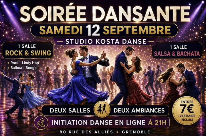 Affiche violet et or annonçant la soirée dansante du samedi 12 septembre au studio Kosta Danse, avec des couples en robe de bal et deux salles, rock et swing d'un côté, salsa et…