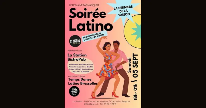 Affiche rose et jaune montrant un couple de danseurs latino, pour la Soirée Latino du samedi 5 septembre de 18h à 1h à La Station BistroPub de Beynost