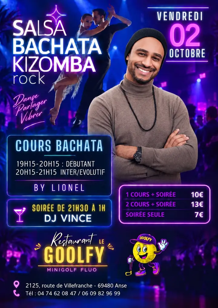 Affiche bleu et fuchsia annonçant Salsa Bachata Kizomba rock le vendredi 2 octobre au Goolfy d'Anse, avec les horaires des cours et les tarifs