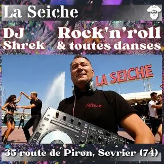 Flyer violet où DJ Shrek mixe au casque devant le lac, entouré de couples de rock, pour la soirée toutes danses de La Seiche à Sevrier.
