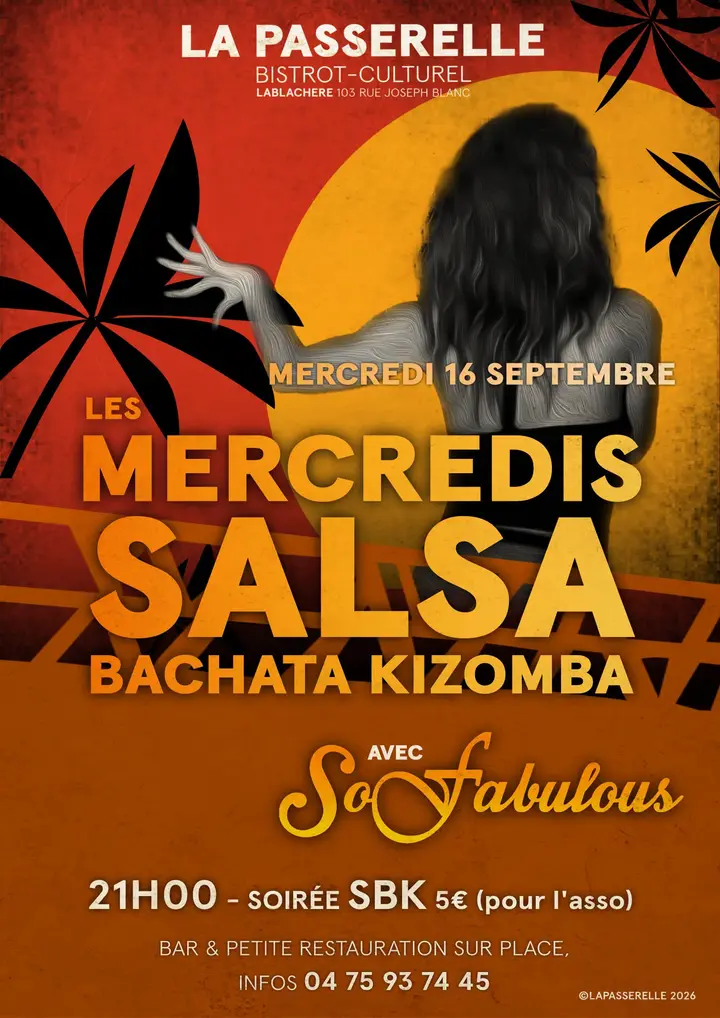 Affiche orange et rouge avec une danseuse de dos devant un soleil couchant et des palmes noires, annonçant Les Mercredis Salsa avec SoFabulous le mercredi 16 septembre à La…