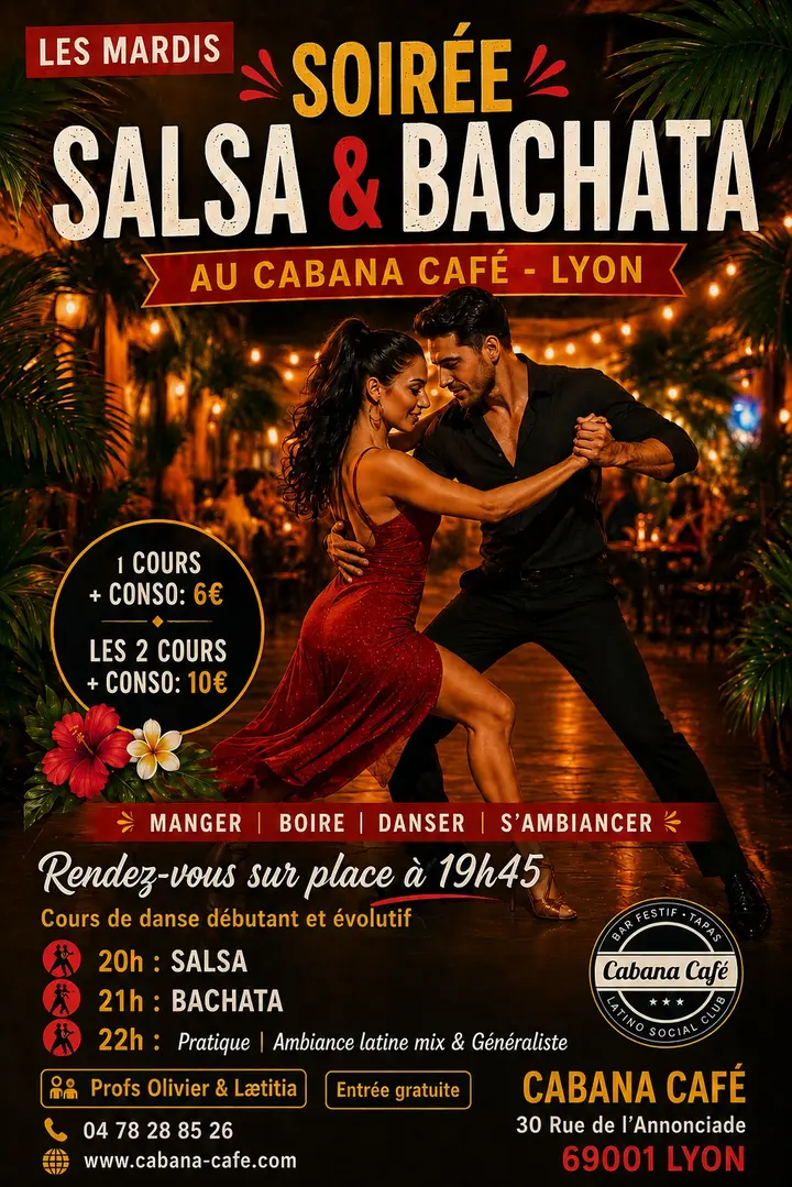 Affiche nocturne du Cabana Café : un couple danse sous des guirlandes, robe rouge, avec les tarifs des cours et les horaires du mardi.