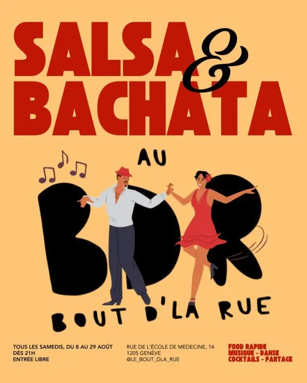 Affiche orange où un couple danse devant les grandes lettres BDR, titrée Salsa & Bachata, tous les samedis du 8 au 29 août dès 21h.