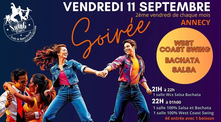Affiche violette et orange : couples en pleine danse, le mot Soirée en lettres manuscrites, un disque orange listant west coast swing, bachata et salsa, avec les horaires et le…