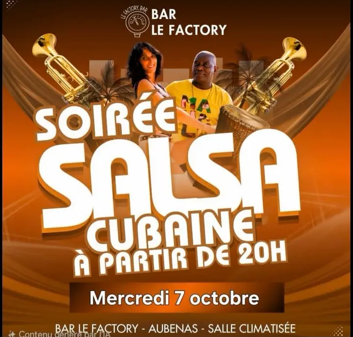 Affiche orangée : un couple de danseurs entre deux trompettes dorées, un djembé et des palmiers, sous le logo Bar Le Factory, avec en grandes lettres blanches « Soirée salsa…