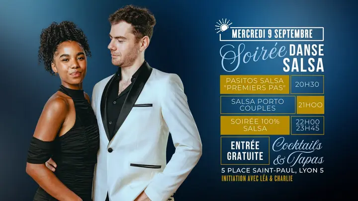Affiche bleu nuit et or montrant un couple de danseurs pour la soirée danse salsa du mercredi 9 septembre au Barãgones.