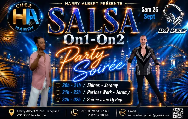 Affiche bleu nuit et dorée annonçant la Salsa On1-On2 Party du samedi 26 septembre chez Harry Albert, avec deux danseurs et le logo de DJ Pep