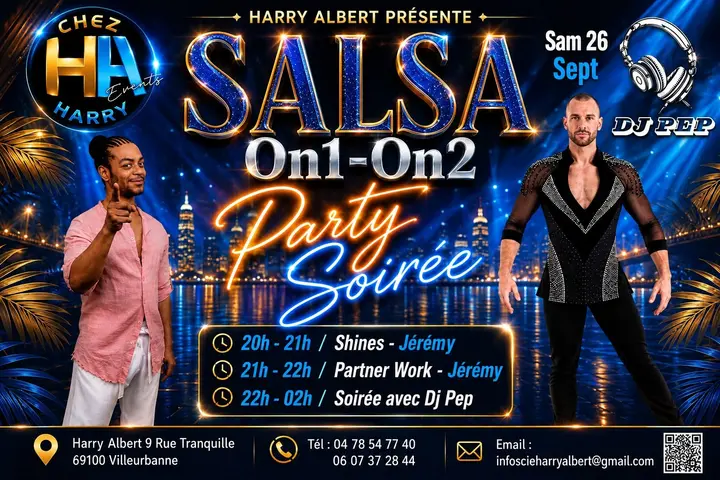 Affiche bleu nuit et or sur fond de gratte-ciel, titre SALSA On1-On2 Party en lettres pailletées, deux danseurs de part et d'autre, DJ Pep en haut à droite et grille horaire…