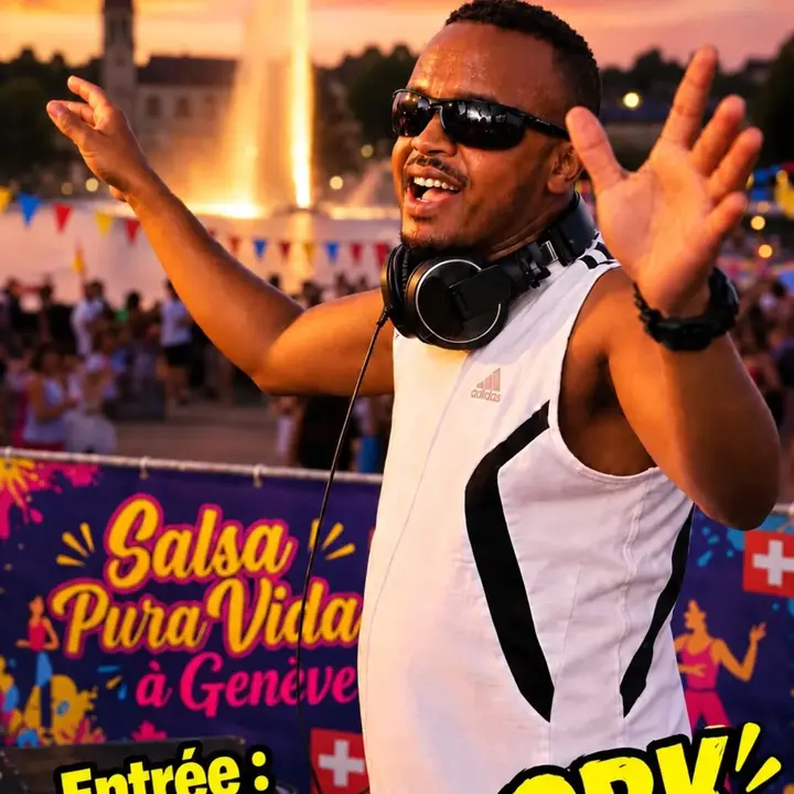 Un DJ en débardeur blanc, casque au cou et bras levés, devant le jet d'eau de Genève au coucher du soleil, avec une banderole « Salsa Pura Vida à Genève » et la mention SBK.