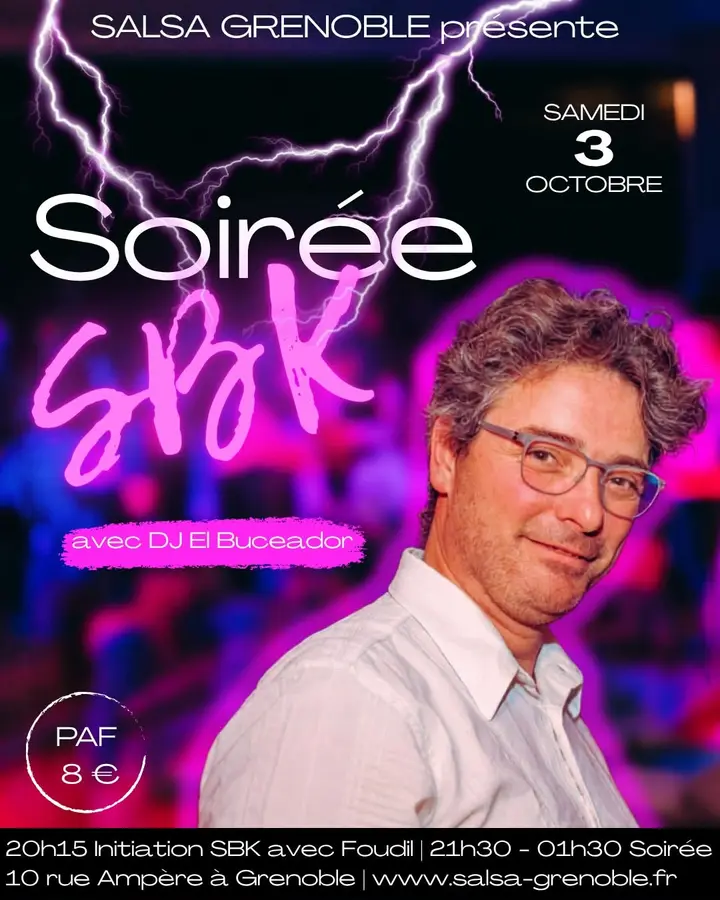 Portrait souriant de DJ El Buceador en chemise blanche, sur fond rose et violet zébré d'éclairs, sous le titre Soirée SBK du samedi 3 octobre.