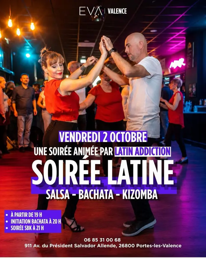 Photo d'un couple qui danse sur une piste sous des néons violets et rouges, avec le texte Vendredi 2 octobre, Soirée latine, Salsa - Bachata - Kizomba et EVA Valence.