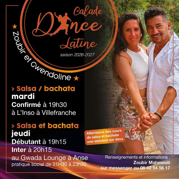 Affiche noire et orange de la saison 2026-2027 de Calade Dance Latine, avec Zoubir et Gwendoline enlacés et le planning des cours du mardi et du jeudi.