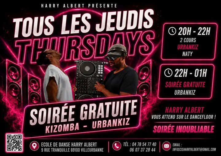 Flyer noir et rose fluo « Tous les jeudis » avec deux danseurs derrière une platine DJ, cours urbankiz 20h-22h et soirée gratuite 22h-01h