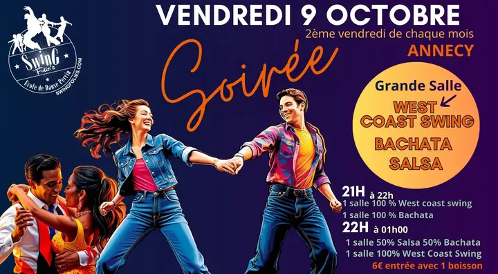 Illustration sur fond bleu nuit de deux couples de danseurs, l'un en jean se tenant par la main, l'autre enlacé, avec le mot Soirée en orange et la date du vendredi 9 octobre à…