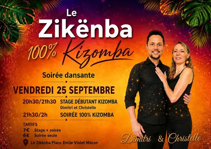 Affiche orange et violette encadrée de feuilles de palmier, avec le couple de danseurs Dimitri et Christelle en noir, annonçant Le Zikënba 100% Kizomba du vendredi 25 septembre.