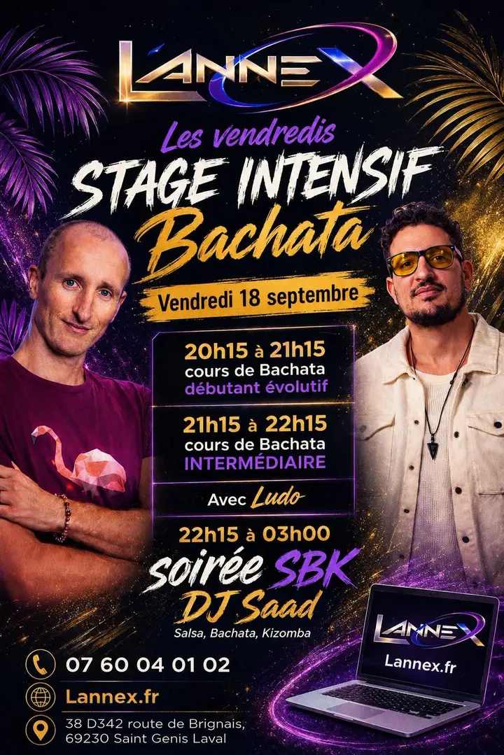Affiche violette et dorée de L'Annex avec les portraits de Ludo et de DJ Saad, annonçant le stage intensif bachata et la soirée SBK du vendredi 18 septembre.