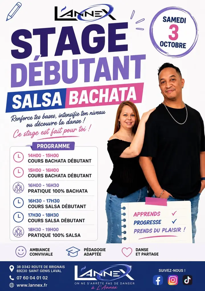 Affiche blanche, violette et rose : grand titre Stage débutant Salsa Bachata, pastille Samedi 3 octobre, un couple de danseurs vêtus de noir et le programme heure par heure de…