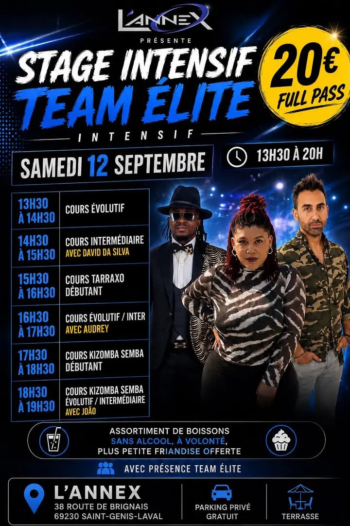 Affiche bleu nuit du Stage intensif Team Élite du 12 septembre à L'Annex, avec la grille des six cours, les trois professeurs et la mention 20 € le full pass.