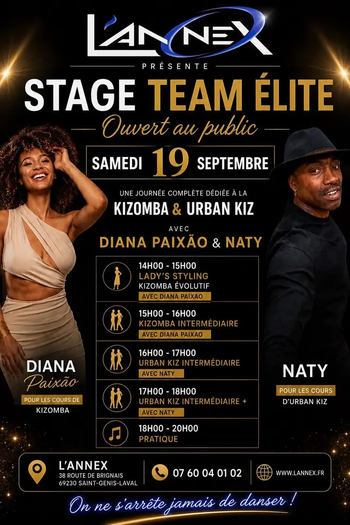 Affiche noir et or du Stage Team Élite du samedi 19 septembre, avec Diana Paixão et Naty en photo autour du programme horaire de 14h à 20h.