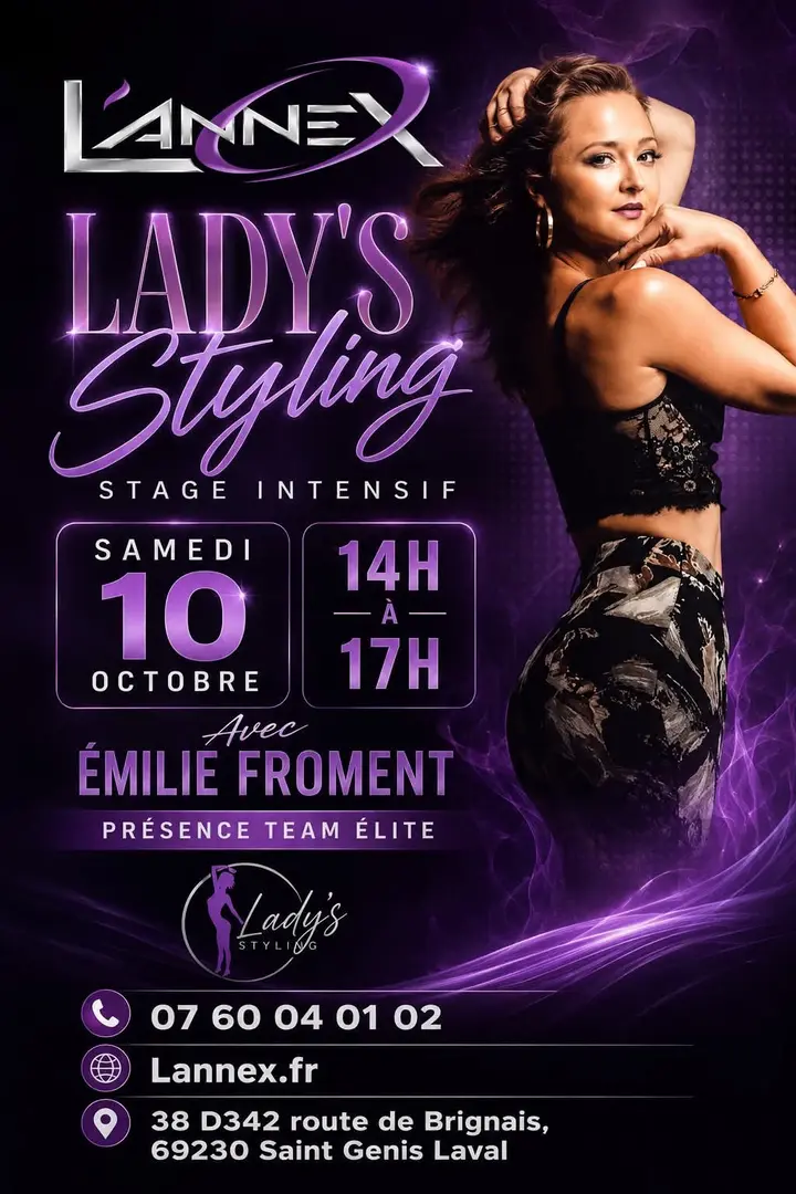 Affiche violette du stage intensif Lady's Styling du samedi 10 octobre avec Émilie Froment, une danseuse posant bras levés.