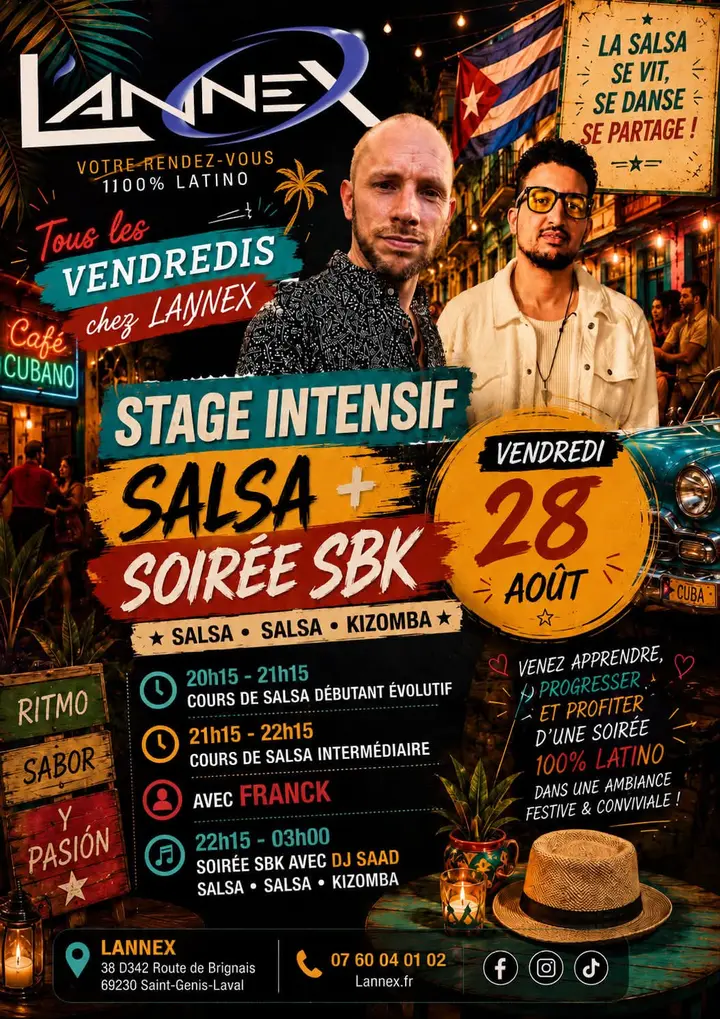 Affiche aux couleurs cubaines, rue de La Havane et vieille voiture turquoise, avec Franck et DJ Saad en portrait, annonçant le stage intensif salsa et la soirée SBK du vendredi…