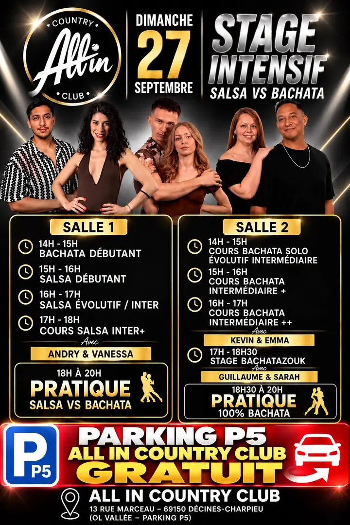 Affiche noire et dorée avec trois couples de danseurs, annonçant le stage intensif salsa vs bachata du dimanche 27 septembre au All In Country Club, avec le programme des deux…
