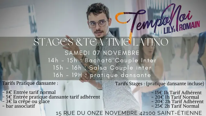 Photo d'un danseur à lunettes en chemise imprimée dans un studio de danse, avec le logo Tempo Noi Lily & Romain, le programme du samedi 7 novembre et les tarifs en surimpression.