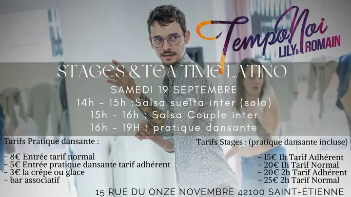 Affiche montrant un danseur en studio devant un miroir, avec le logo Tempo Noi et le programme des stages du samedi 19 septembre.
