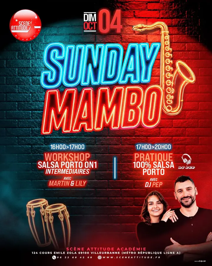 Affiche néon bleu et rouge « Sunday Mambo » sur mur de briques, avec saxophone et congas, le couple de professeurs en bas à droite et les horaires du dimanche 4 octobre.